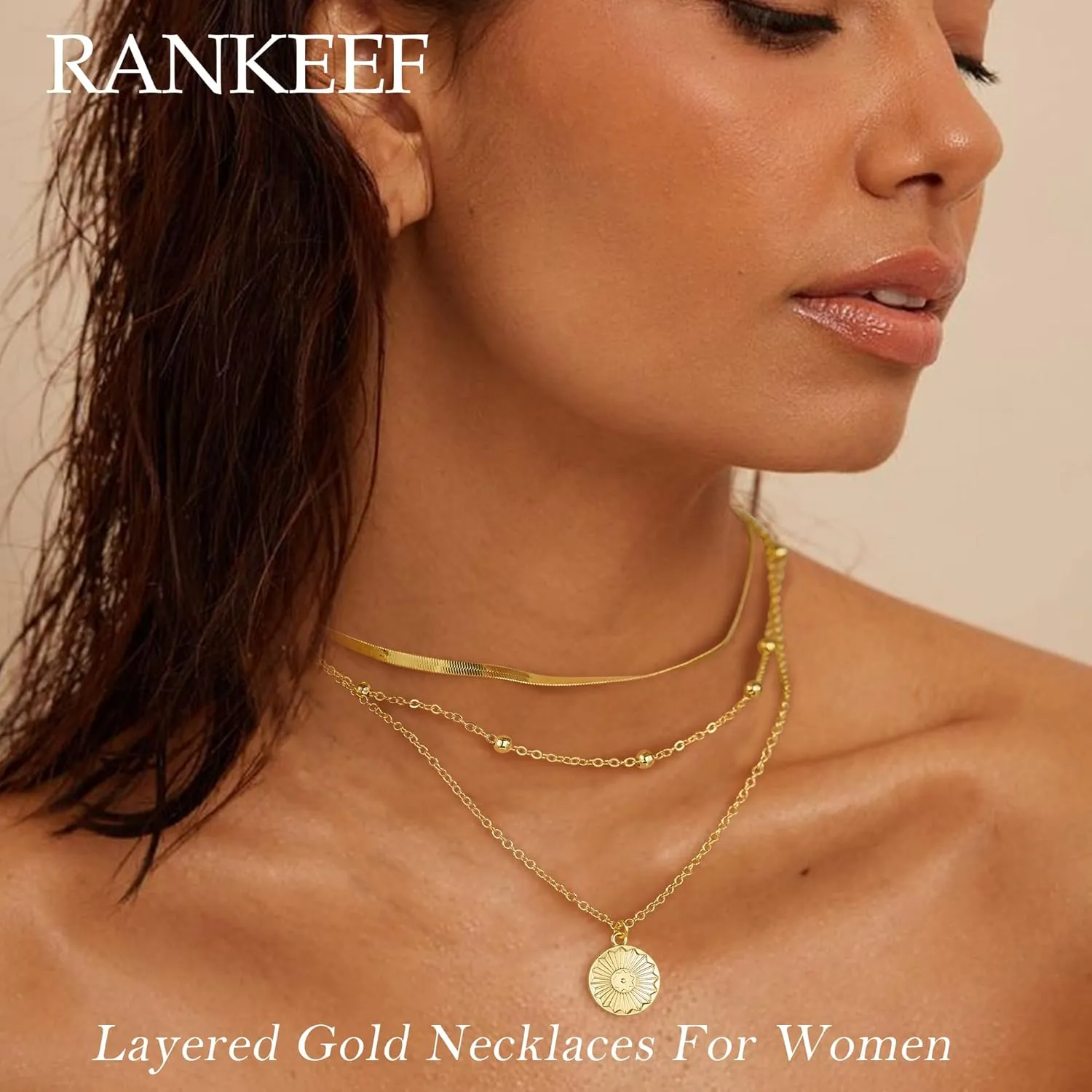 RANKEEF Layered Gold Necklaces For Women 14K Gold Plated Adjustable Pearl Round Piece Bar Layered Necklace Sleek Herringbone Chain Double Circle Layered Necklace Set Gold Layered Necklaces For Women