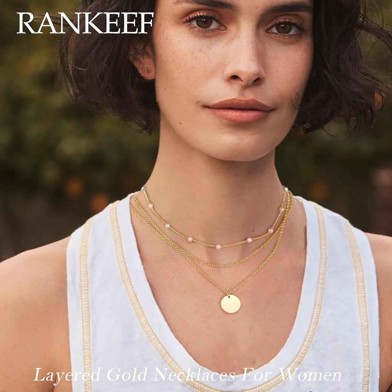 RANKEEF Layered Gold Necklaces For Women 14K Gold Plated Adjustable Pearl Round Piece Bar Layered Necklace Sleek Herringbone Chain Double Circle Layered Necklace Set Gold Layered Necklaces For Women