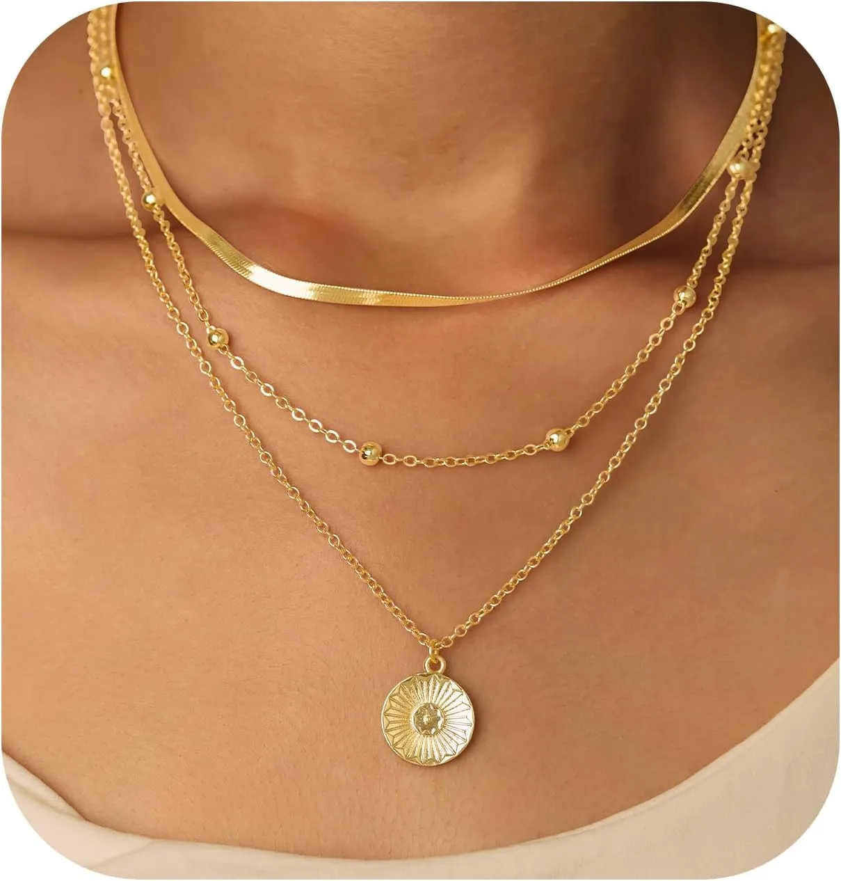 RANKEEF Layered Gold Necklaces For Women 14K Gold Plated Adjustable Pearl Round Piece Bar Layered Necklace Sleek Herringbone Chain Double Circle Layered Necklace Set Gold Layered Necklaces For Women