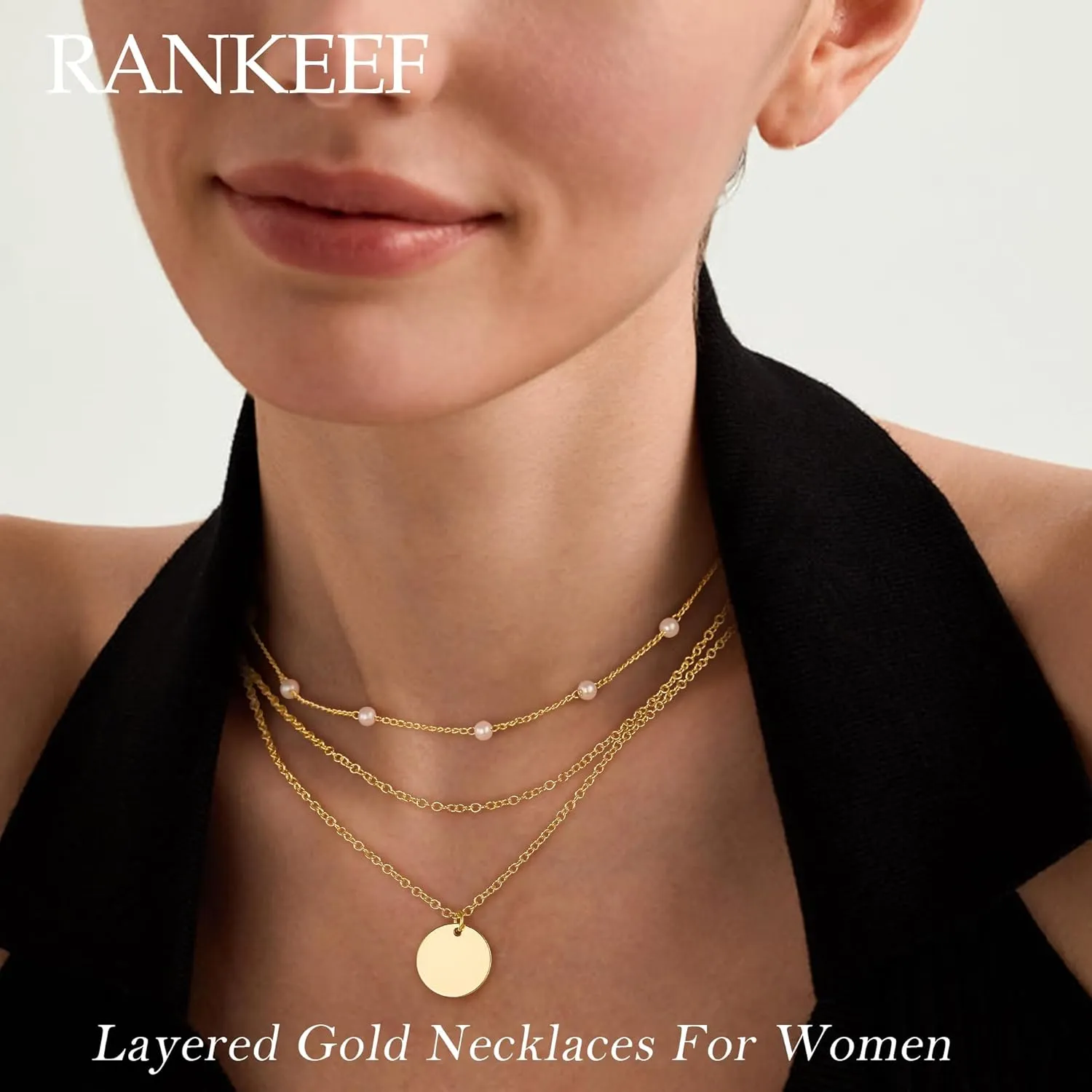 RANKEEF Layered Gold Necklaces For Women 14K Gold Plated Adjustable Pearl Round Piece Bar Layered Necklace Sleek Herringbone Chain Double Circle Layered Necklace Set Gold Layered Necklaces For Women