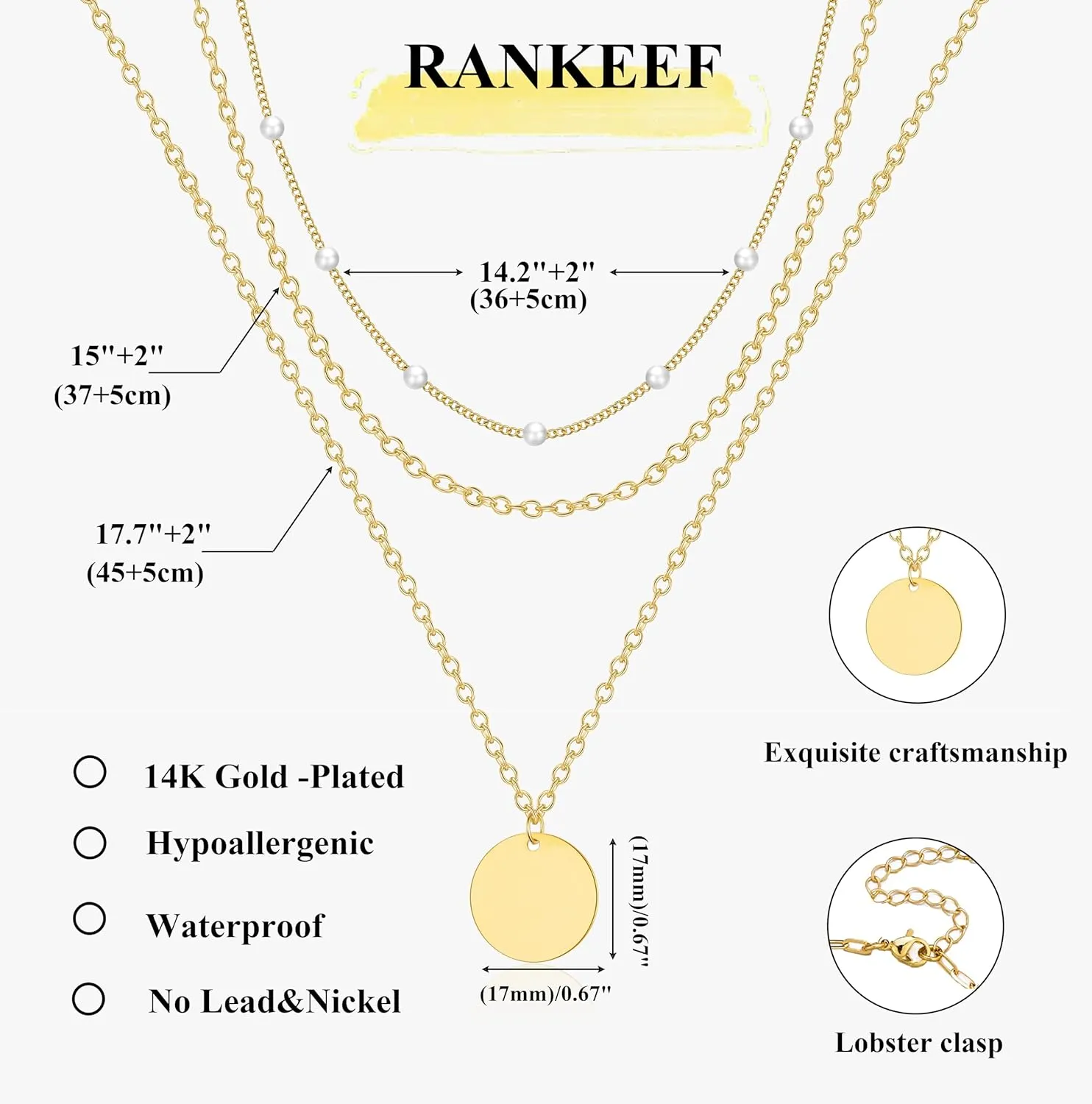 RANKEEF Layered Gold Necklaces For Women 14K Gold Plated Adjustable Pearl Round Piece Bar Layered Necklace Sleek Herringbone Chain Double Circle Layered Necklace Set Gold Layered Necklaces For Women