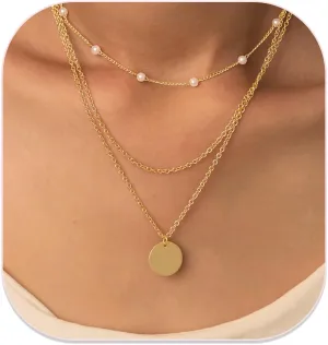 RANKEEF Layered Gold Necklaces For Women 14K Gold Plated Adjustable Pearl Round Piece Bar Layered Necklace Sleek Herringbone Chain Double Circle Layered Necklace Set Gold Layered Necklaces For Women