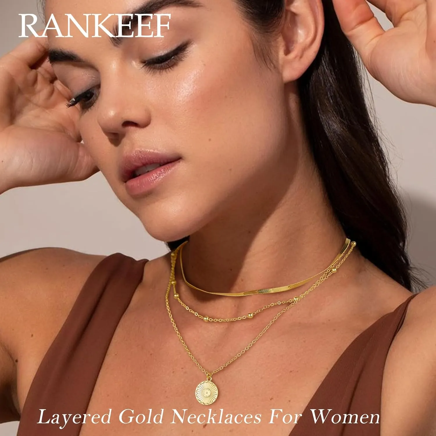 RANKEEF Layered Gold Necklaces For Women 14K Gold Plated Adjustable Pearl Round Piece Bar Layered Necklace Sleek Herringbone Chain Double Circle Layered Necklace Set Gold Layered Necklaces For Women