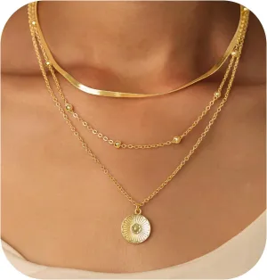RANKEEF Layered Gold Necklaces For Women 14K Gold Plated Adjustable Pearl Round Piece Bar Layered Necklace Sleek Herringbone Chain Double Circle Layered Necklace Set Gold Layered Necklaces For Women