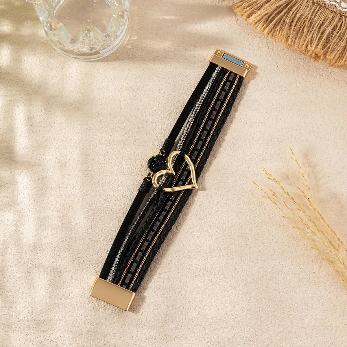 Rantanto Braid Leather Wrap Bracelet Trendy Stackable Crystal Cuff Boho Gold Heart Bracelet Jewelry Gift For Women