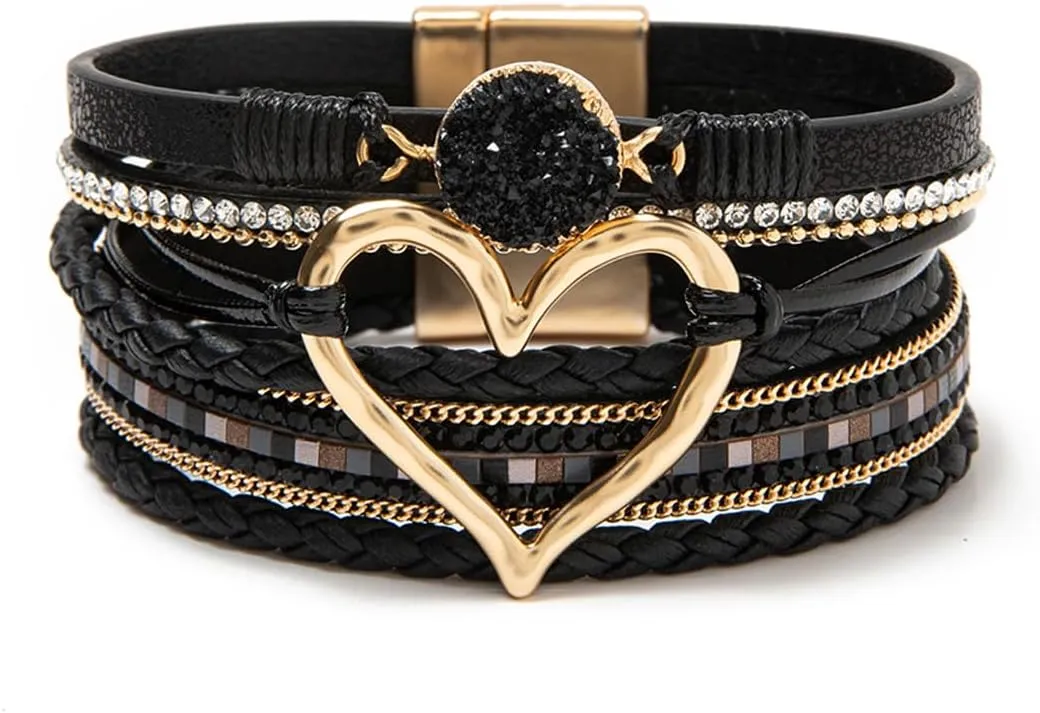 Rantanto Braid Leather Wrap Bracelet Trendy Stackable Crystal Cuff Boho Gold Heart Bracelet Jewelry Gift For Women