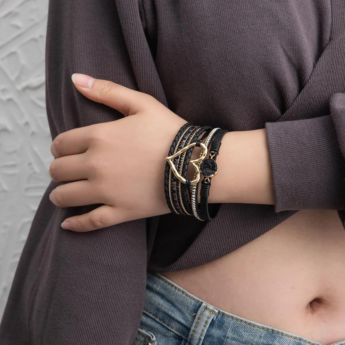 Rantanto Braid Leather Wrap Bracelet Trendy Stackable Crystal Cuff Boho Gold Heart Bracelet Jewelry Gift For Women