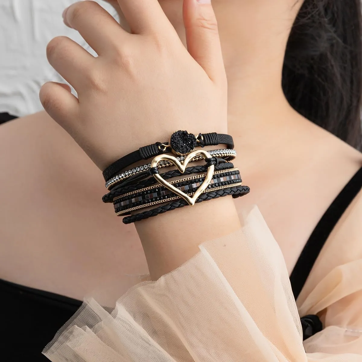 Rantanto Braid Leather Wrap Bracelet Trendy Stackable Crystal Cuff Boho Gold Heart Bracelet Jewelry Gift For Women