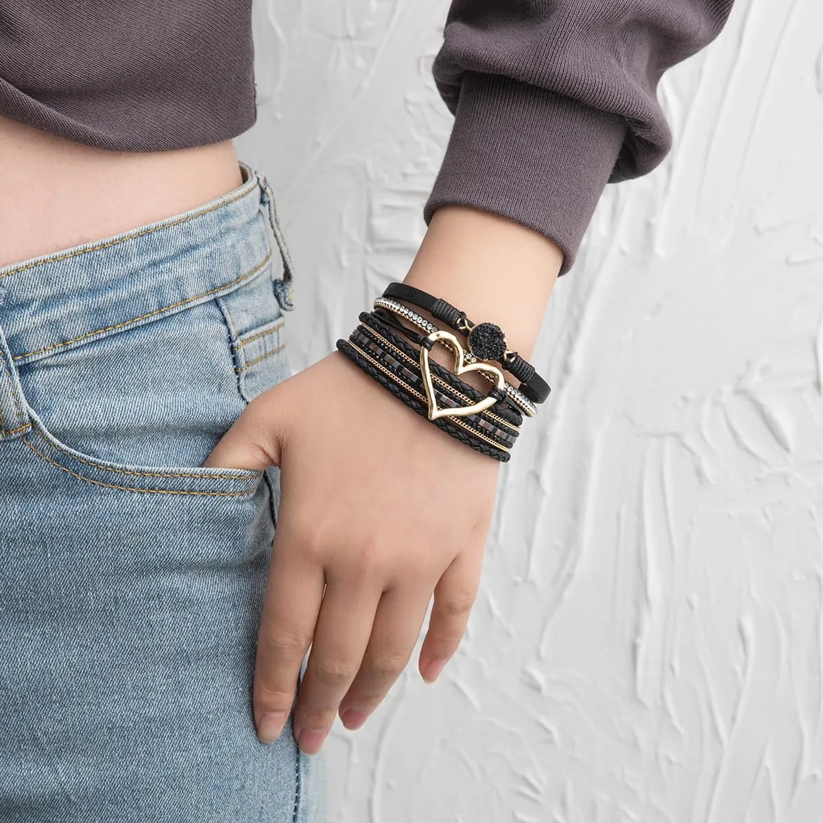 Rantanto Braid Leather Wrap Bracelet Trendy Stackable Crystal Cuff Boho Gold Heart Bracelet Jewelry Gift For Women