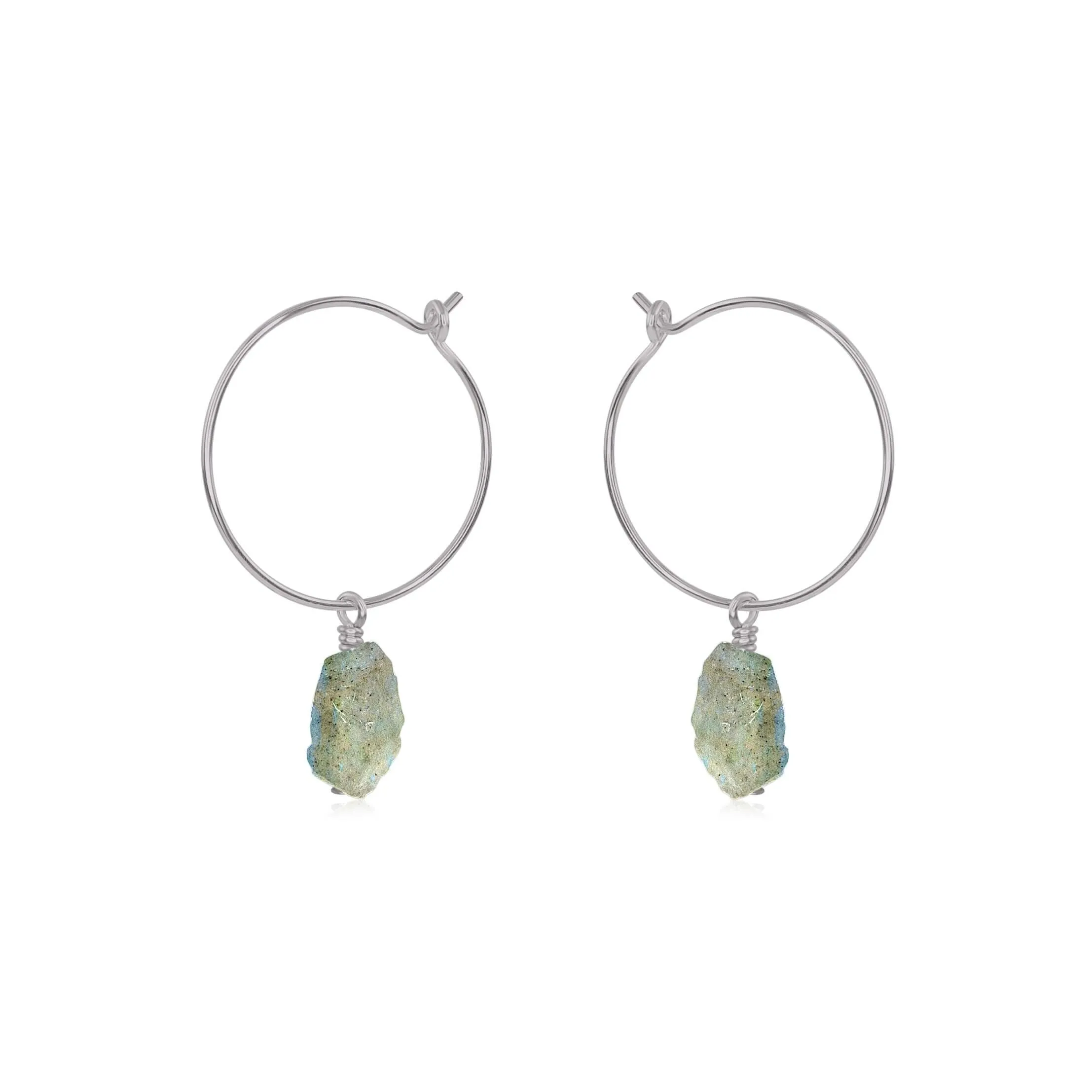 Raw Labradorite Gemstone Dangle Hoop Earrings