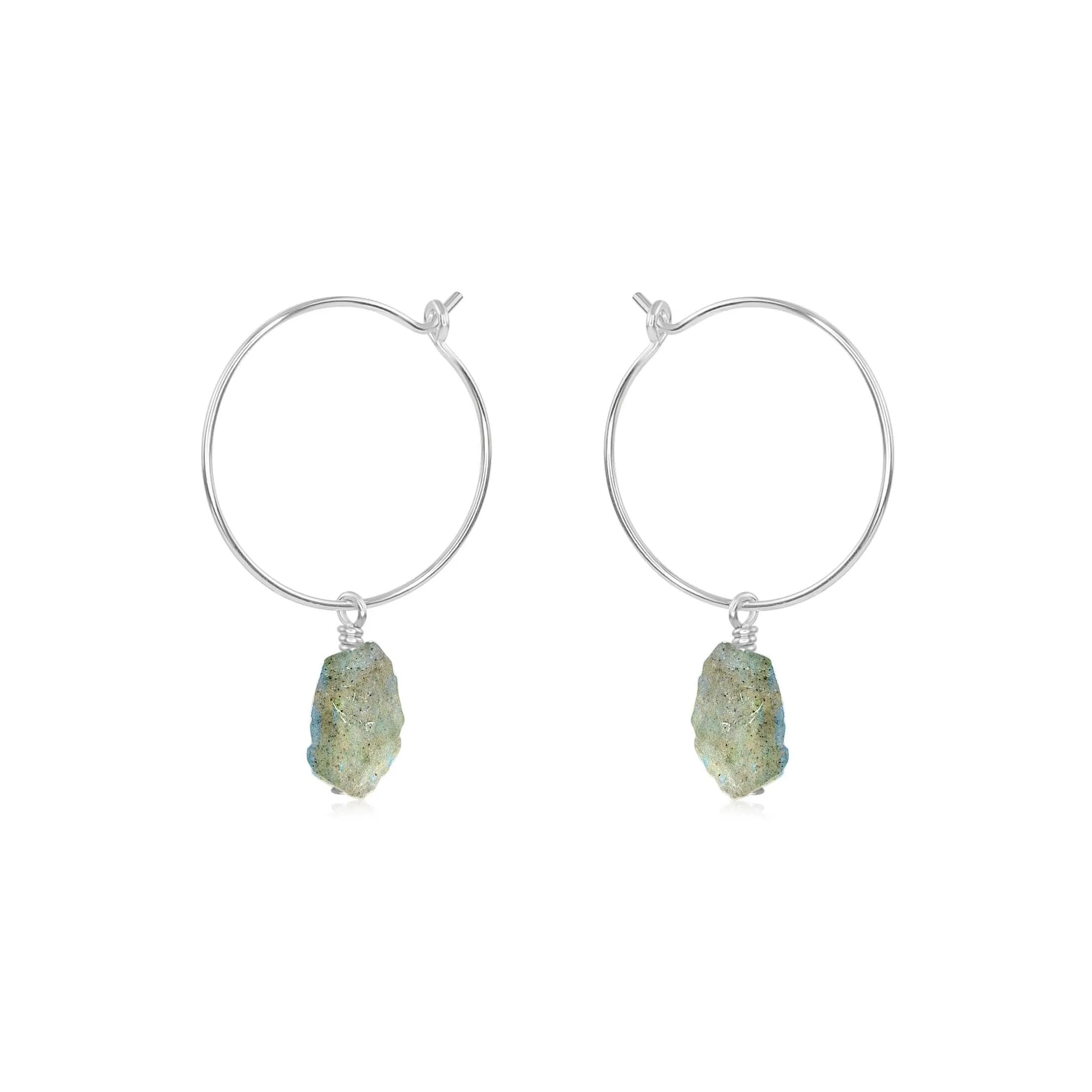 Raw Labradorite Gemstone Dangle Hoop Earrings