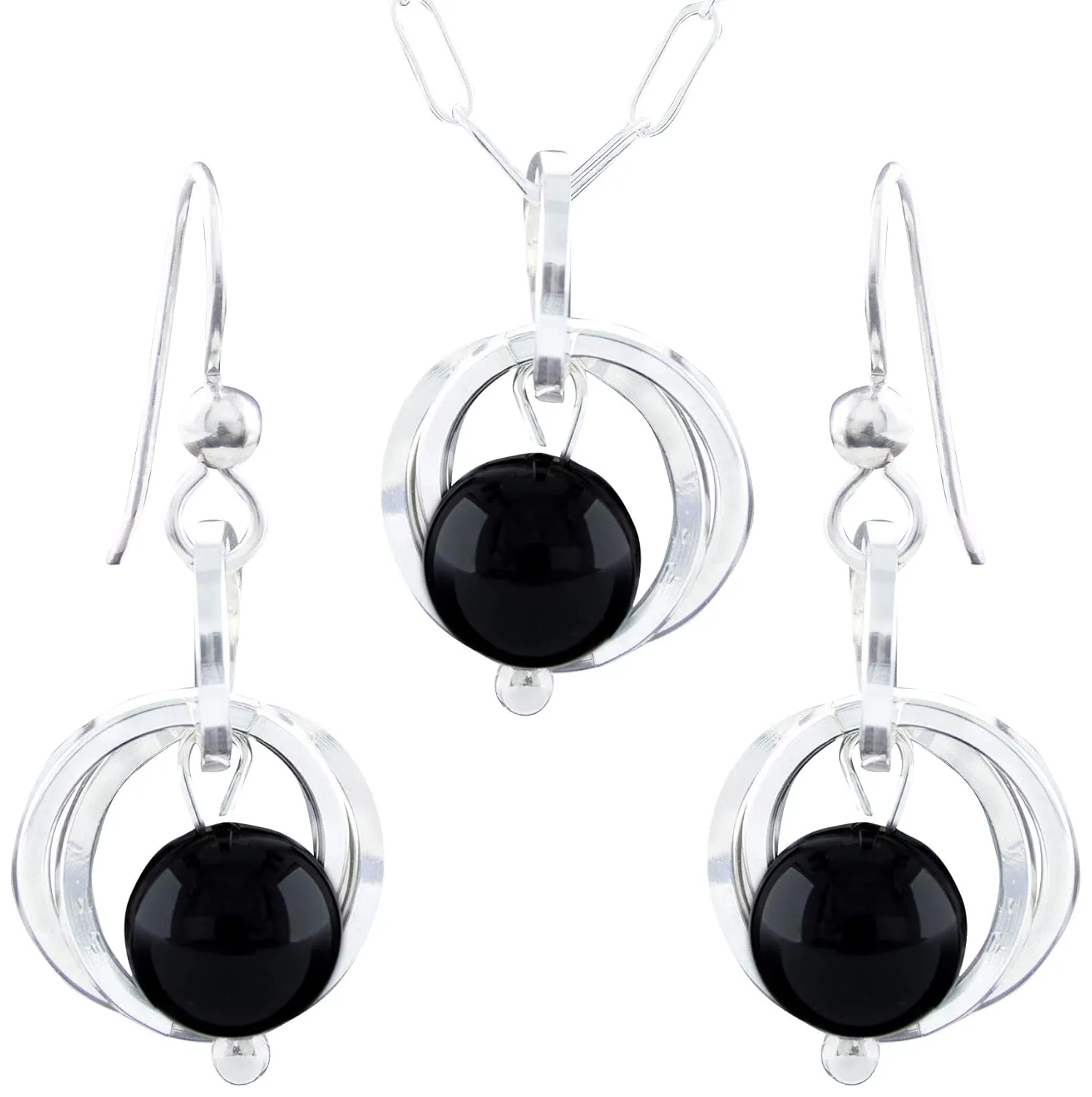 Real 8MM Black Onyx Minimalist Jewelry Gift Set Idea for Women with Dainty 925 Sterling Silver Dangle Earrings and 18 Inch Paper Clip Chain Necklace with Simple Pendant
