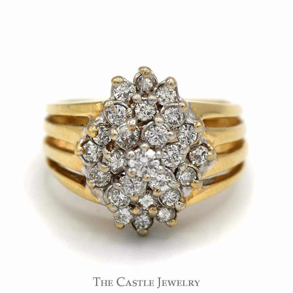 1cttw Marquise Shaped Diamond Cluster Ring with Split Shank Sides in 14k Yellow Gold Affordable Token Giftable Jewelry