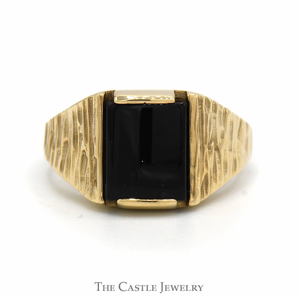 Rectangle Black Onyx Ring with Textured Bark Sides in 10k Yellow Gold Refined Simplicity