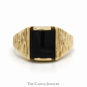 Rectangle Black Onyx Ring with Textured Bark Sides in 10k Yellow Gold Refined Simplicity