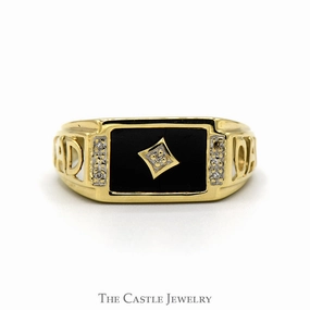 Fashion Pop Graceful Vibe Rectangle Shaped Black Onyx "DAD" ring with Diamond Accents in 10k Yellow Gold