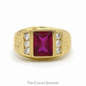 Rectangle Shaped Synthetic Ruby Ring with Channel Set Cubic Zirconia Sides in 14k Yellow Gold Soft Edge Simple Insignia