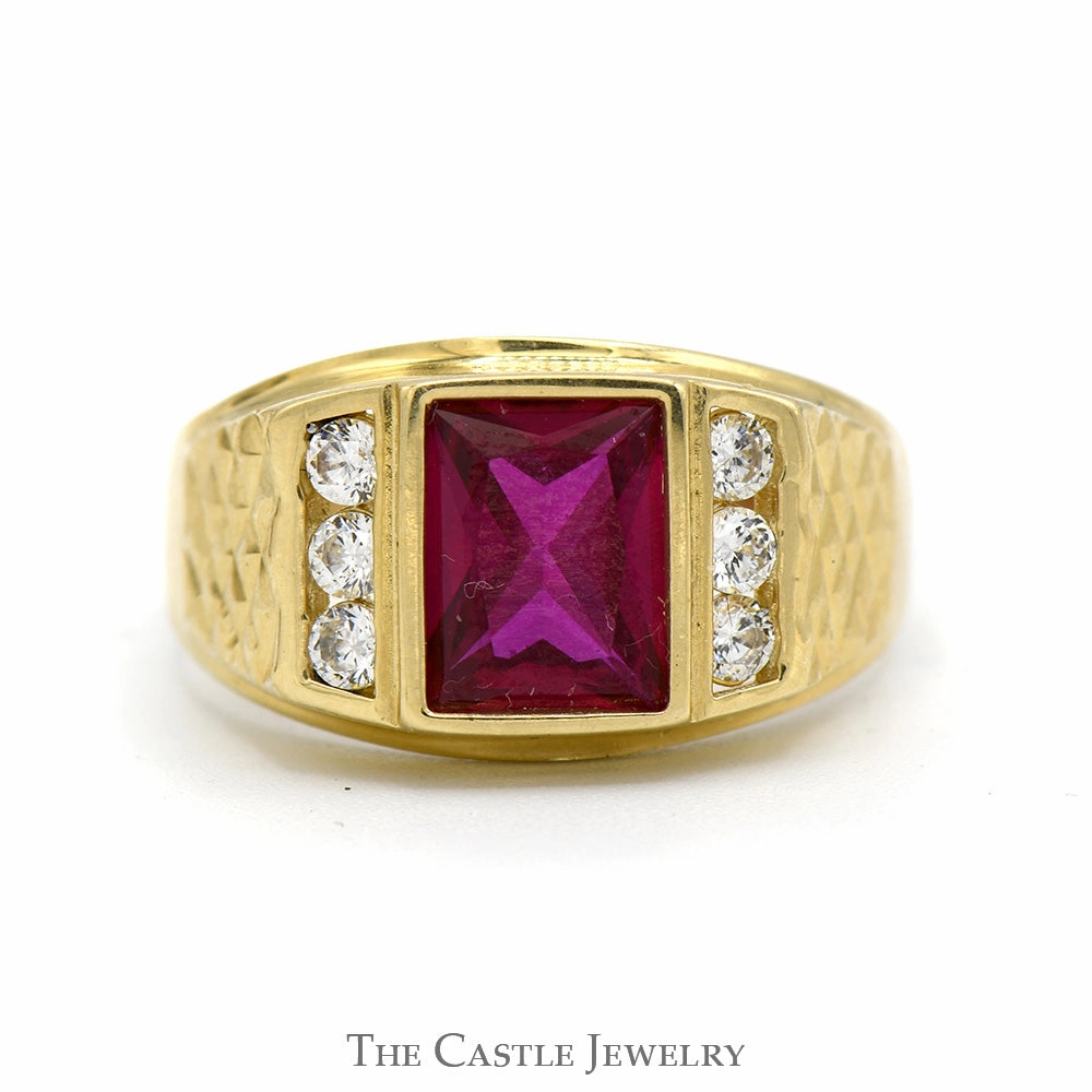 Rectangle Shaped Synthetic Ruby Ring with Channel Set Cubic Zirconia Sides in 14k Yellow Gold Soft Edge Simple Insignia