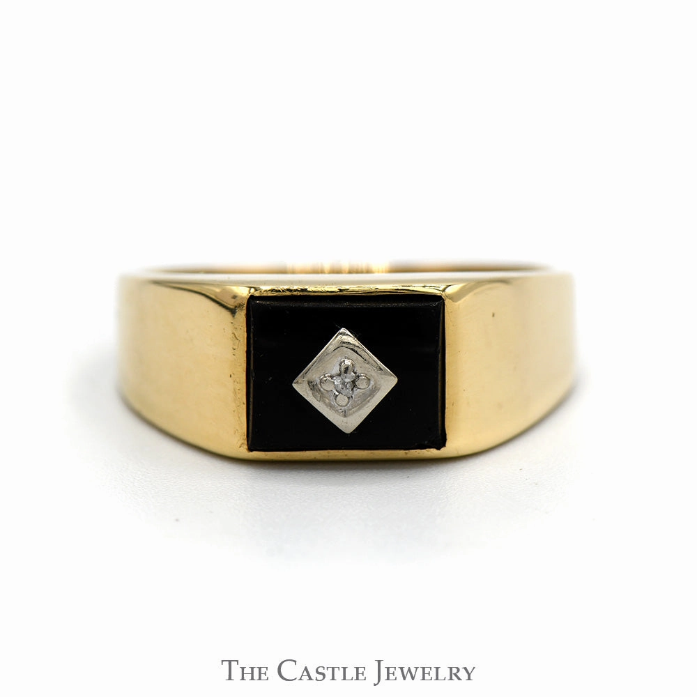 Rectangular Black Onyx Men's Ring with Diamond Accent in 10k Yellow Gold Branded Design Secure Ornament