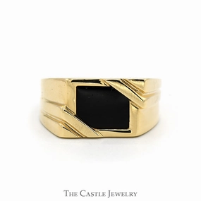 Office Accent Beautiful Insignia Rectangular Black Onyx Ring with Grooved Sides in 10k Yellow Gold