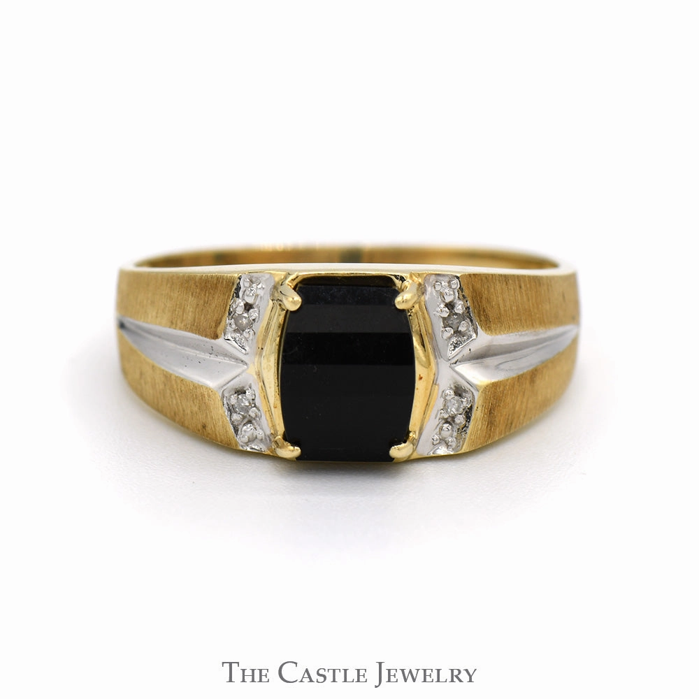 Lightweight Look Rectangular Black Onyx Ring with Illusion Set Diamond Accents in 10k Yellow Gold