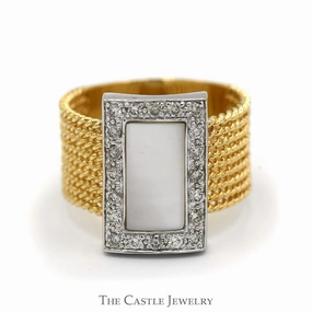 Shiny Product Personal Craft Rectangular Mother Of Pearl Ring with Diamond Halo and Rope Designed Sides in 14k Yellow Gold