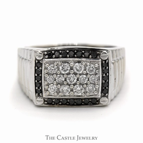 Rectangular Shaped Diamond Cluster Ring with Black Diamond Bezel in 10k White Gold Ribbed Mounting Shared Experience Glam Element