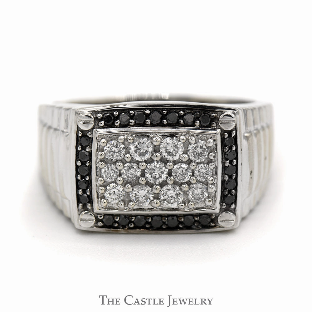 Rectangular Shaped Diamond Cluster Ring with Black Diamond Bezel in 10k White Gold Ribbed Mounting Shared Experience Glam Element