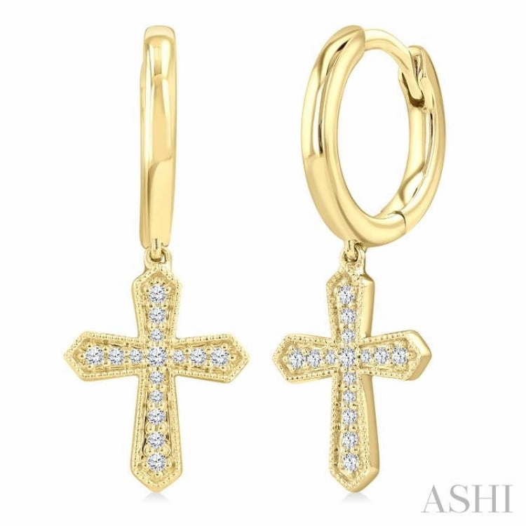 1/6 Ctw Round Cut Diamond Cross Petite Fashion Huggies Earrings in 10K Yellow Gold Bold Jewelry Shine High gloss