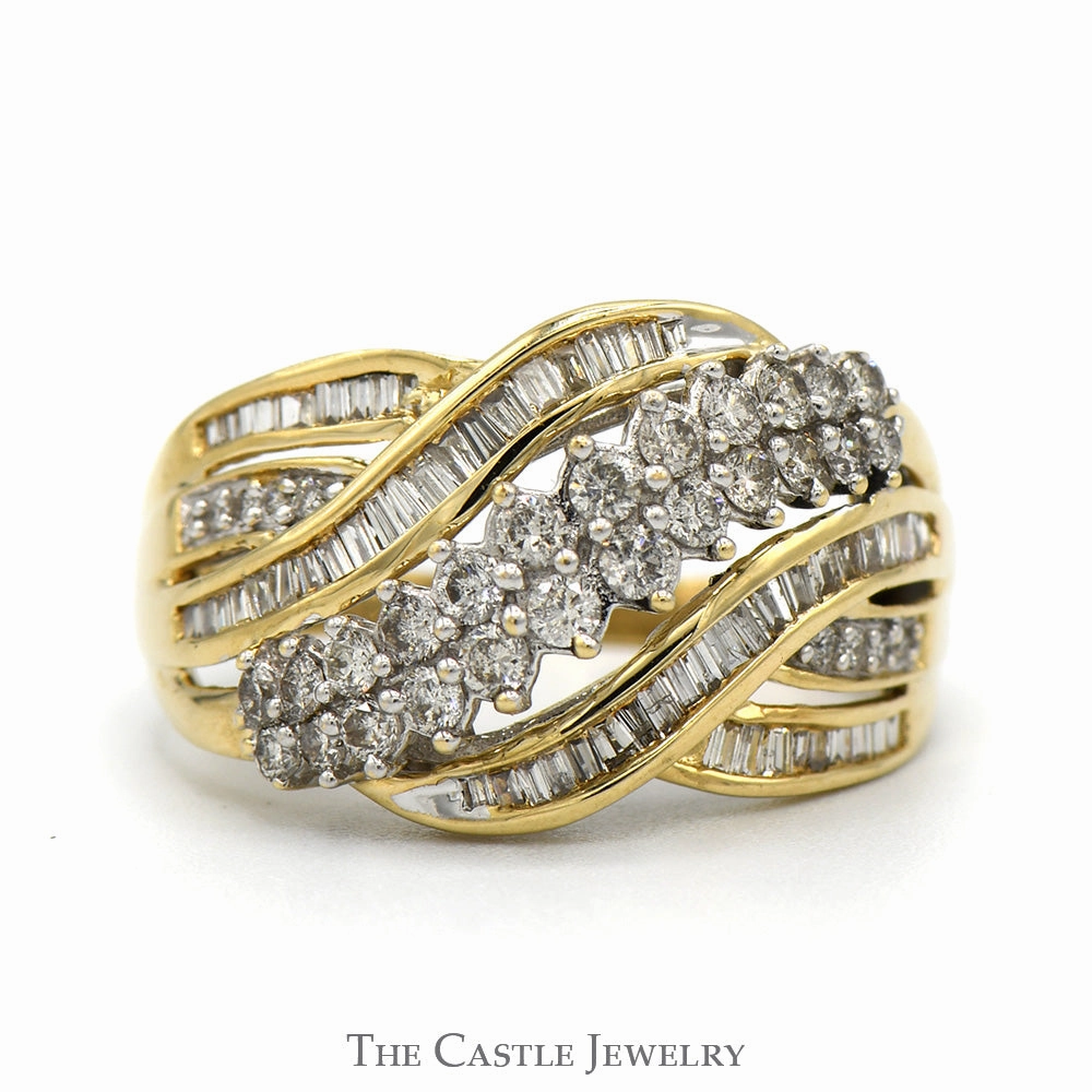 Pure Simplicity 1cttw Multi Row Baguette & Round Diamond Cluster Ring with Interweaving Design in 10k Yellow Gold