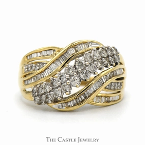 Pure Simplicity 1cttw Multi Row Baguette & Round Diamond Cluster Ring with Interweaving Design in 10k Yellow Gold