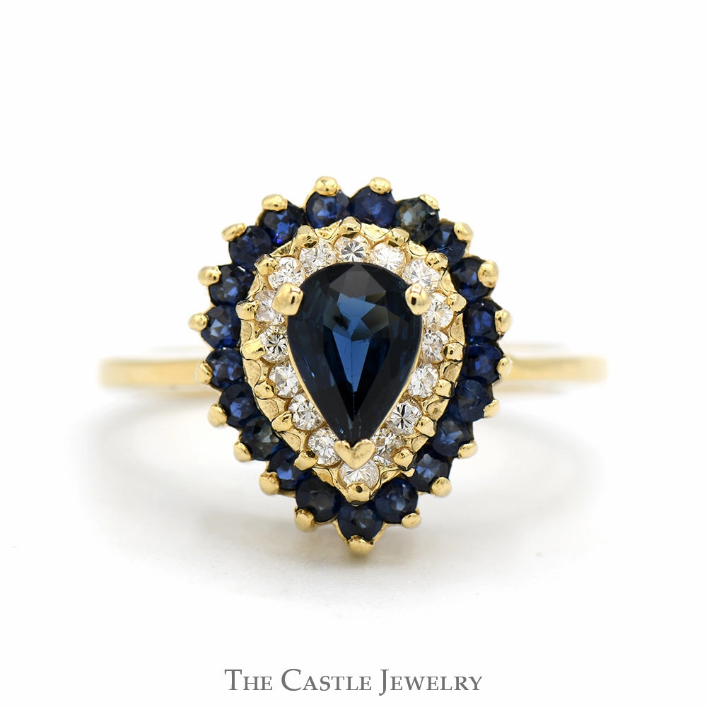 Pear Cut Sapphire Ring with Diamond & Sapphire Double Halo in 14k Yellow Gold Father??s Day