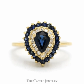 Pear Cut Sapphire Ring with Diamond & Sapphire Double Halo in 14k Yellow Gold Father??s Day