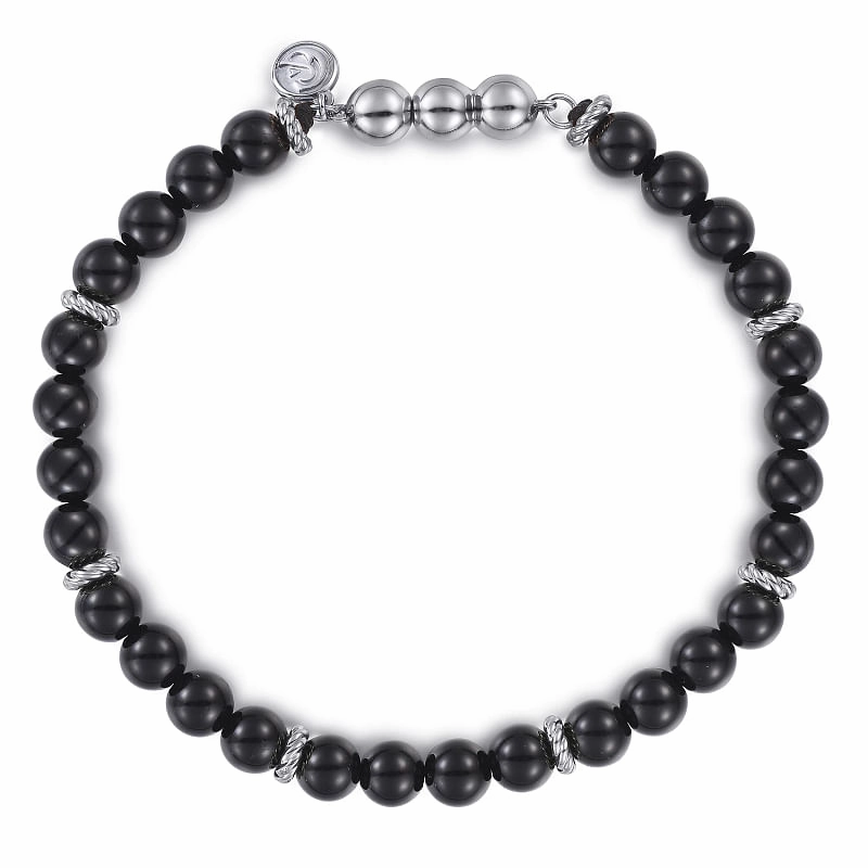 Pure Highlight 925 Sterling Silver and 6mm Black Onyx Beaded Bracelet