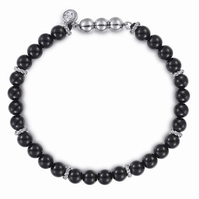 Pure Highlight 925 Sterling Silver and 6mm Black Onyx Beaded Bracelet