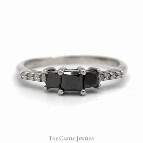 Contemporary Jewelry Princess Cut Black Diamond Three Stone Engagement Ring with White Diamond Accents in 10k White Gold