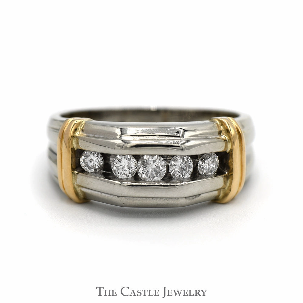 5 Nick Set 1/2cttw Diamond Men's Ring with Yellow Gold Bar Accents in 14k White Gold Sparkling Effect