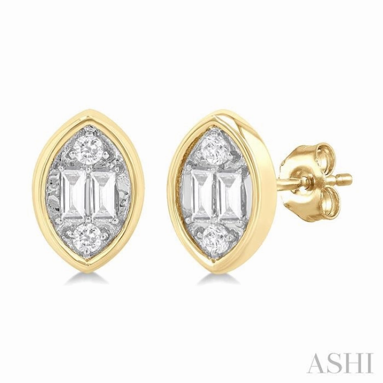 1/5 Ctw Petite Bezel Set Marquise Shape Fusion Baguette and Round Cut Diamond Fashion Stud Earring in 10K Yellow Gold Sophisticated Glow