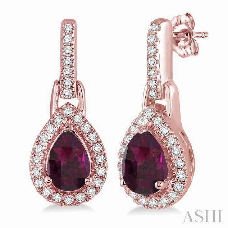 Graceful Finish Finest Highlight 6x4 MM Pear Shape Rhodolite Garnet and 1/5 ctw Round Cut Diamond Earrings in 10K Rose Gold