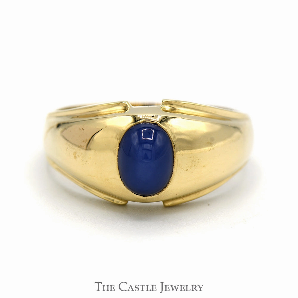 Modern Touch Oval Cabochon Blue Lindy Star Ring with Polished Sides in 14k Yellow Gold