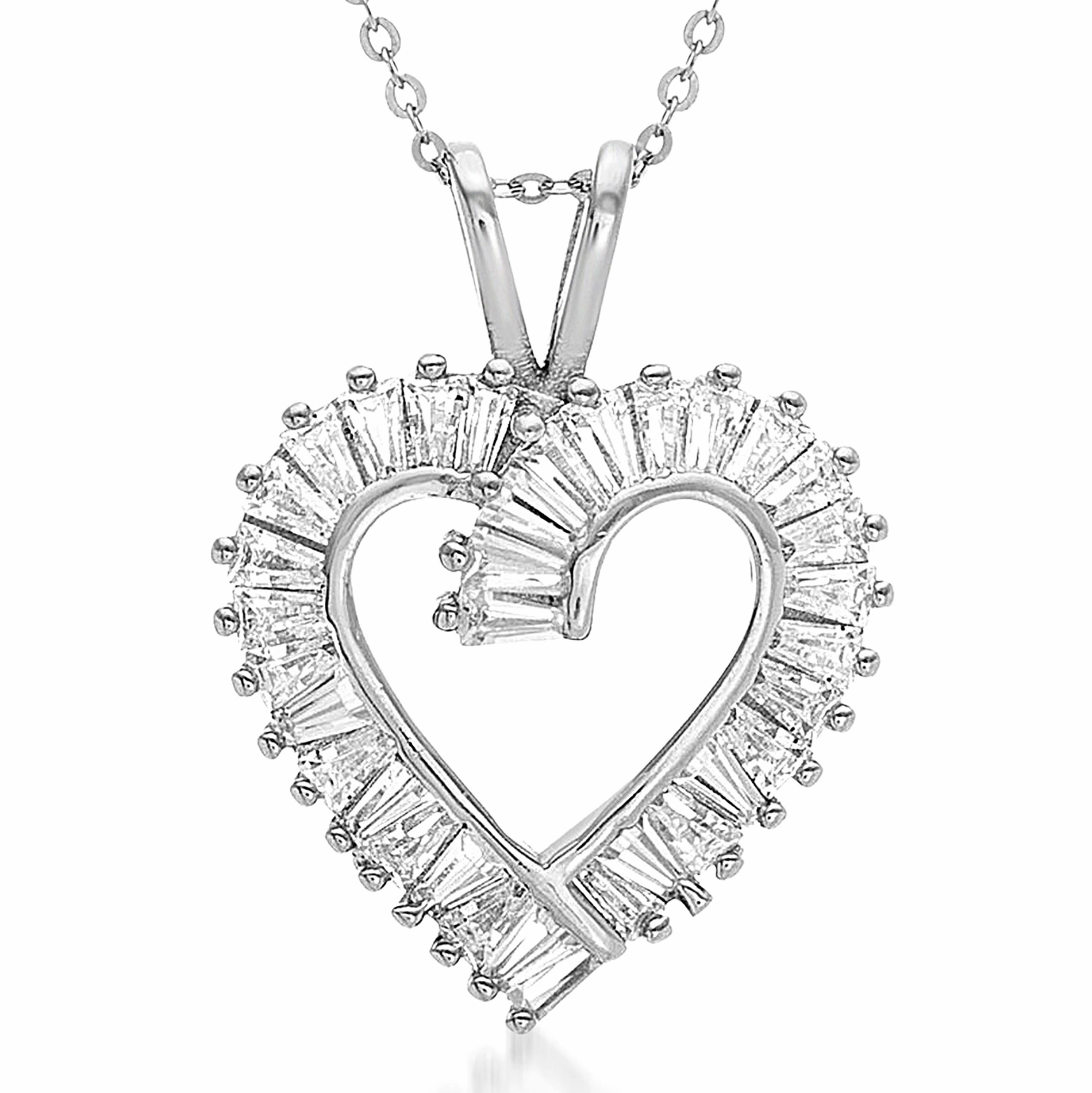 Business Style Lesa Michele Cubic Zirconia Baguette Heart Necklace for Women in Rhodium Plated Sterling Silver
