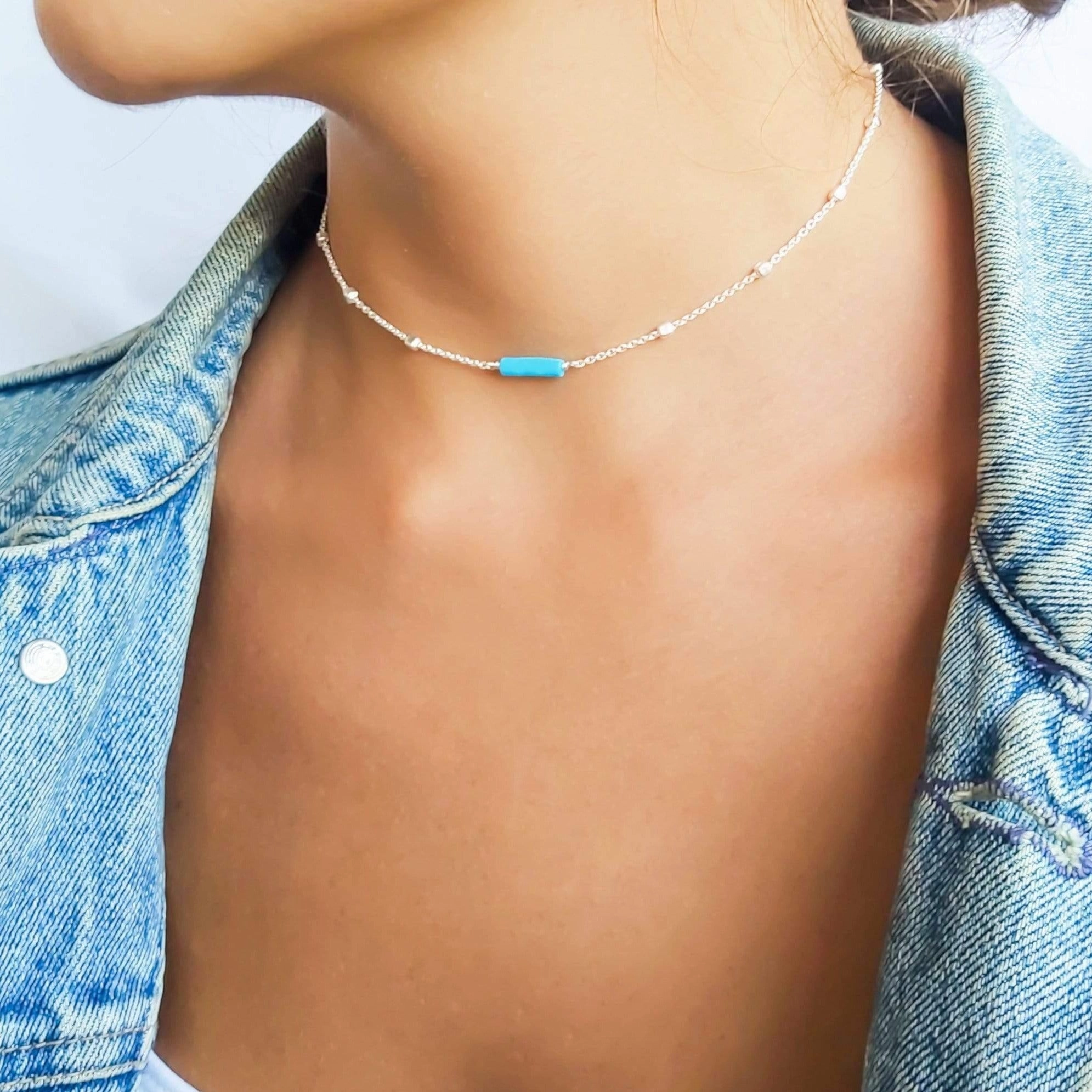 Polished Style Sterling silver choker, Dainty satellite chain necklace for women with Turquoise Beads
