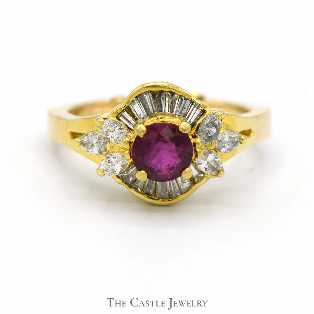 Round Ruby Ring with Baguette and Marquise Diamond Accents in 18k Yellow Gold Arthritic Shank Setting summer look