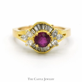 Round Ruby Ring with Baguette and Marquise Diamond Accents in 18k Yellow Gold Arthritic Shank Setting summer look