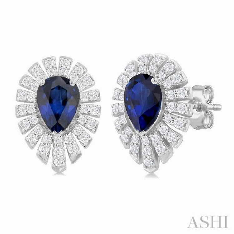 5X3 MM Pear Cut Sapphire and 1/3 Ctw Starburst Round Cut Diamond Precious Stud Earring in 14K White Gold Modern Edge