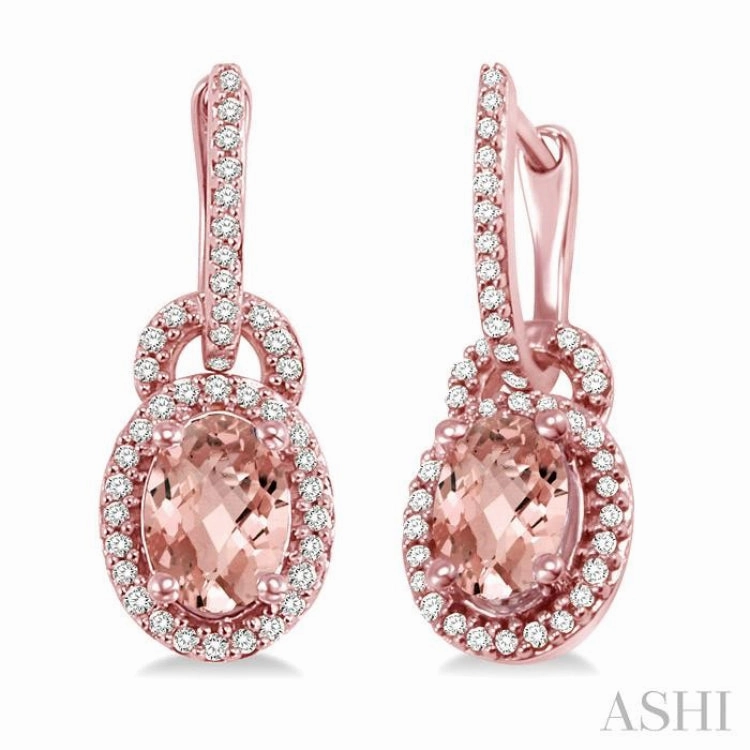 Contemporary Accent 7x5 MM Oval Cut Morganite and 1/3 ctw Round Cut Diamond Earrings in 14K Rose Gold