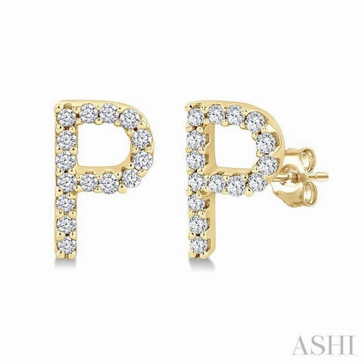 1/10 Ctw Initial 'P' Round Cut Diamond Earrings in 10K Yellow Gold Smooth Accent Glamorous Detail
