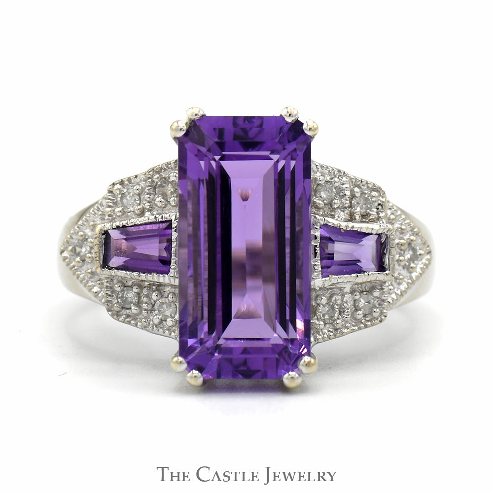 Timeless Piece Weekend Style Emerald Cut Amethyst Ring with Baguette Amethyst Sides and Diamond Accents in 14k White Gold