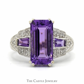 Timeless Piece Weekend Style Emerald Cut Amethyst Ring with Baguette Amethyst Sides and Diamond Accents in 14k White Gold
