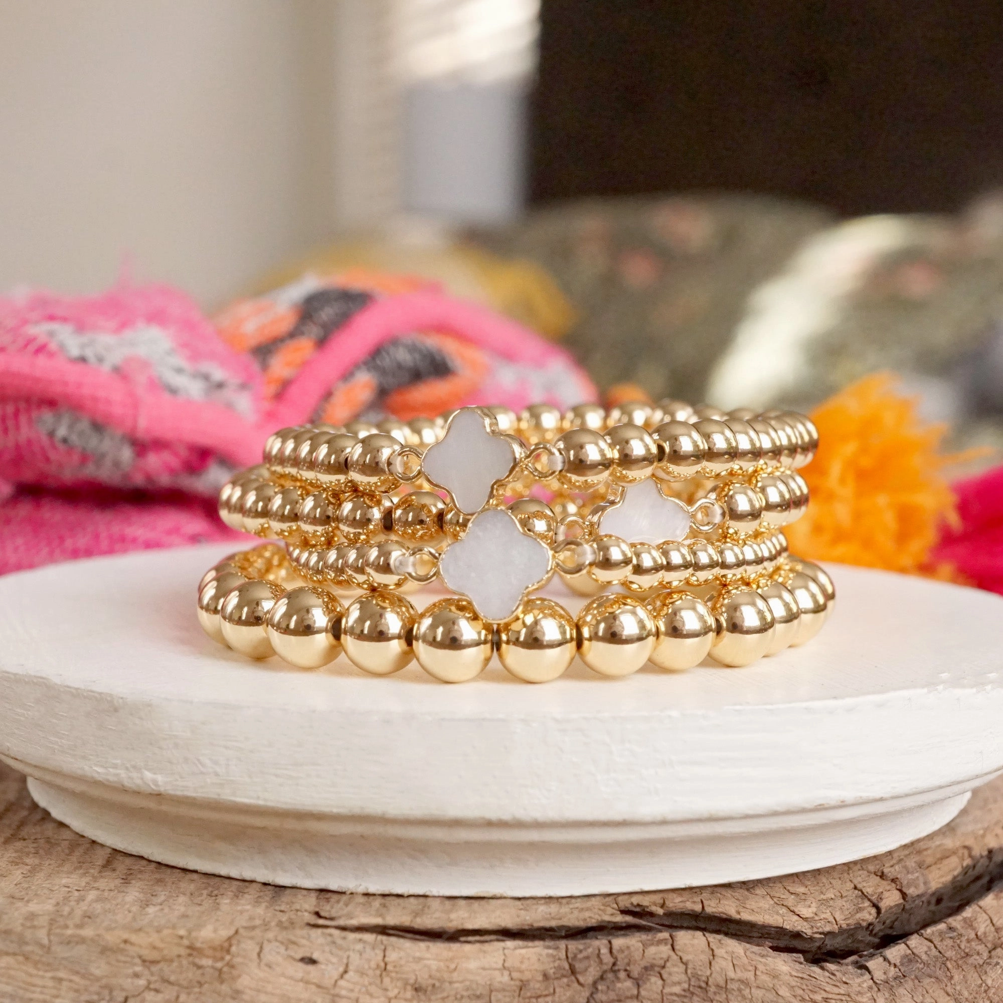 Sacred Symbol Rare Sight Clover Gold-Tone Ball Beads Bracelet Stack ?C Mother of Pearl Quatrefoil